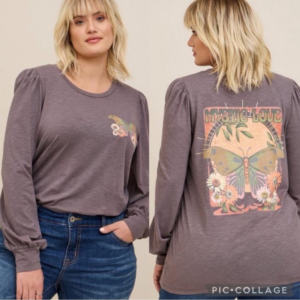 Torrid Mystic Love Super Soft Slub Crew Neck Puff Sleeve Color Foil Top